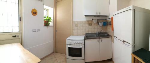 una pequeña cocina con fregadero y nevera. en Casa e Giardino, en San Giovanni la Punta