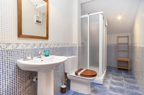 ein Badezimmer mit Toilette, Waschbecken und Dusche in der Unterkunft Apartamentos Blanca Senda del Oso in Páramo