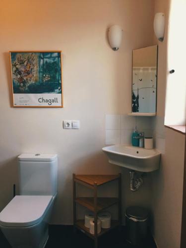 a bathroom with a toilet and a sink at Casa Rural Finca Flores Amarillas in Almoharín