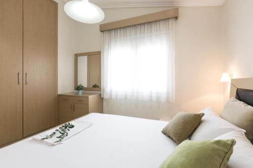 
a bedroom with a bed and a dresser at Olive Tree Apartments in Fourka
