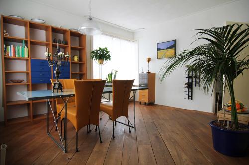 une salle à manger avec une table, des chaises et une plante dans l'établissement Vakantiewoning Afterdaan, à Elim