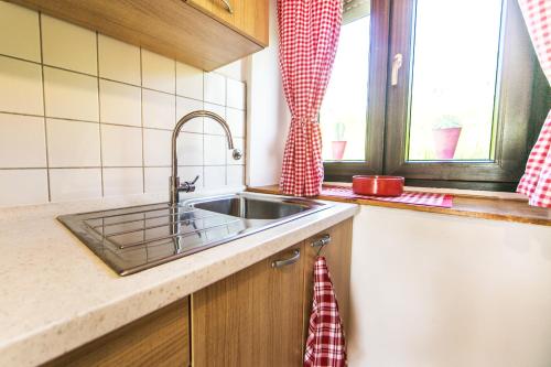 uma cozinha com um lavatório e uma janela em Cozy Istrian House em Izola