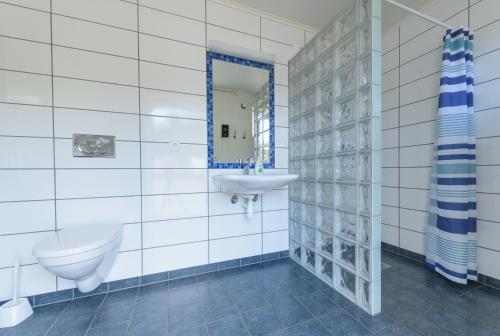 a bathroom with a toilet and a sink and a mirror at Kabelvåg Feriehus & Camping in Kabelvåg