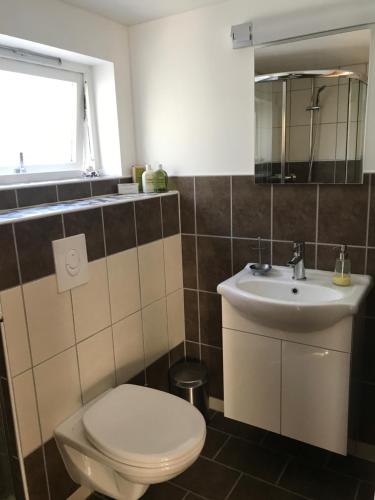 uma casa de banho com um WC e um lavatório em 1-rom Apartment Sommer - Frøya em Sætra