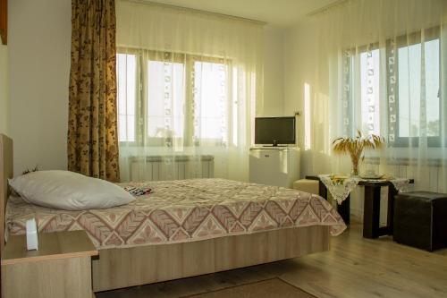 a bedroom with a bed and a tv and windows at Casa La Flori in Techirghiol