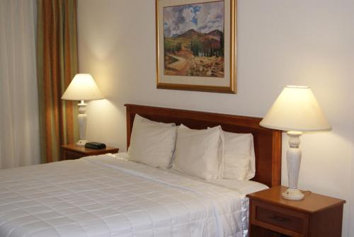 a bedroom with a bed with two lamps and a painting at Motel 6 Hastings NE in Hastings