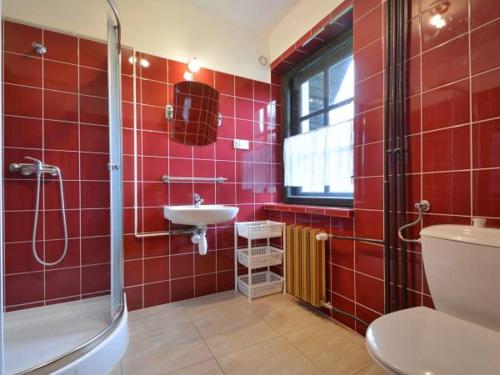 a red tiled bathroom with a toilet and a sink at Willa Maria in Kościelisko
