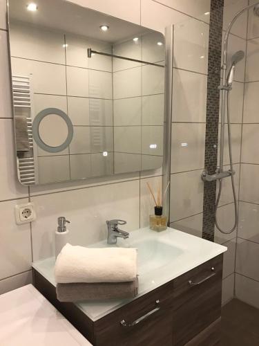 a bathroom with a sink and a shower with a mirror at City Apartment in Augsburg