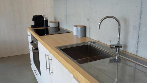 a kitchen with a sink and a counter top at Chalet contemporain in Gryon
