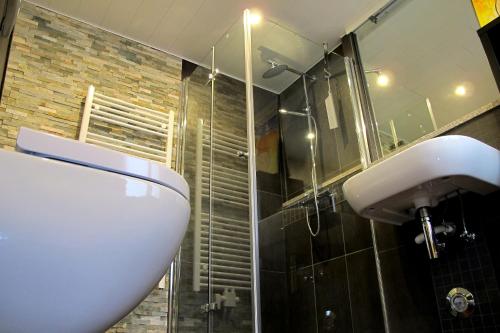 a bathroom with a toilet and a sink and a mirror at Komfortwohnung City/Messe 25 Min in Cologne