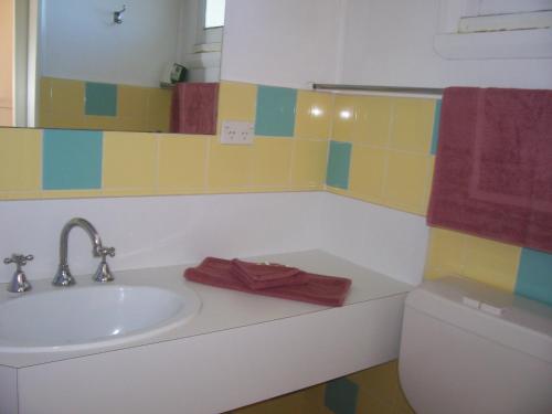 a bathroom with a sink and a toilet and a mirror at Bayview Motor Inn in Eden