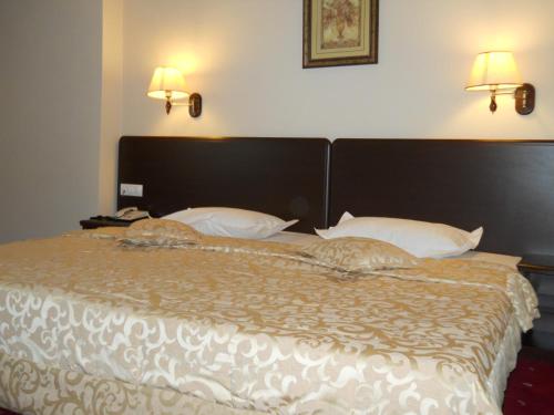 a bed in a bedroom with two lamps on the wall at Hotel Esplanada in Tulcea