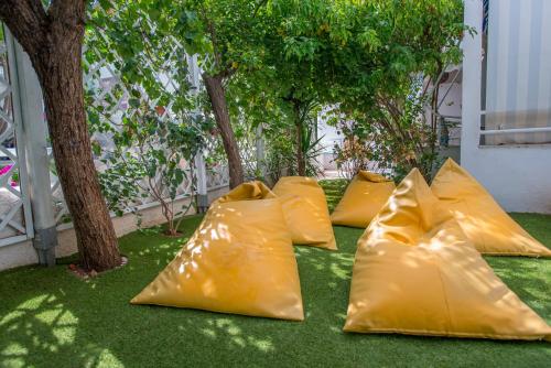 a group of yellow pillows sitting on the grass at Oasis Beach Hotel in Skala