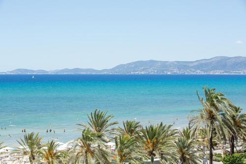 a beach with palm trees and people in the water at Myseahouse Flamingo - Adults Only 4* Sup in Playa de Palma