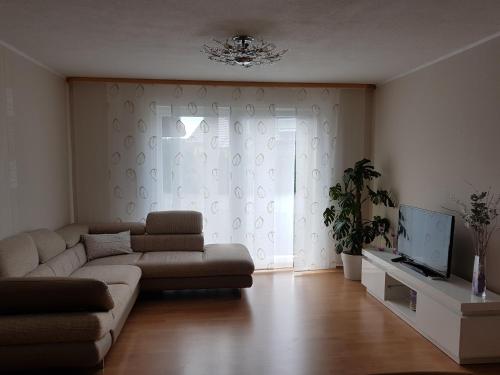 ein Wohnzimmer mit einem Sofa und einem TV in der Unterkunft Luba in Hillesheim