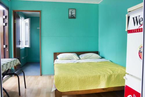 a bedroom with a bed with a blue wall at Dacha v Odesse in Odesa