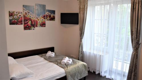 sypialnia z łóżkiem i oknem w obiekcie Willa Różana - Apartamenty i Pokoje Gościnne w mieście Sandomierz