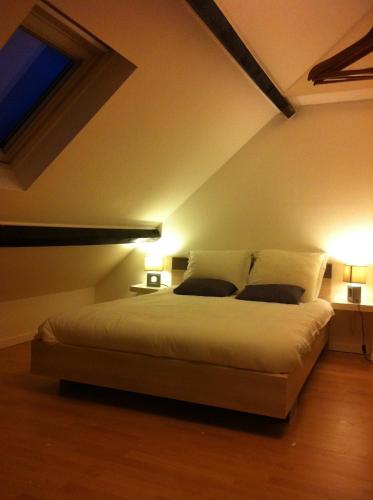 um quarto com uma cama com dois candeeiros em Treilles'Appart em Lille