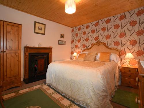 1 dormitorio con 1 cama grande y chimenea en Kerrigan's Cottage, en Commeen