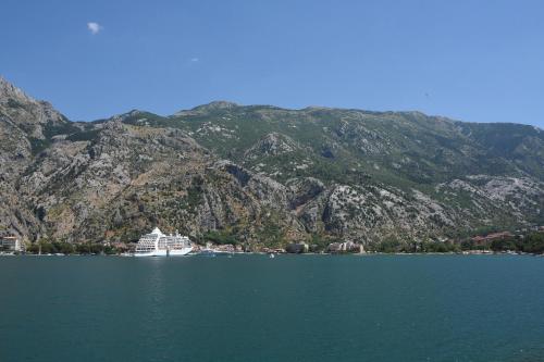 a cruise ship on the water with mountains in the background at Ribica Apartments in Kotor