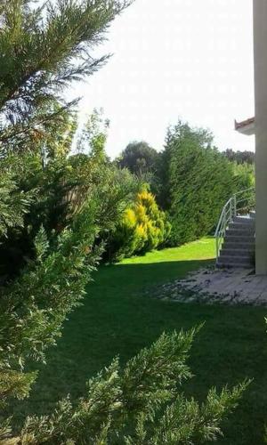 a garden with green grass and trees and a staircase at Potokia Rooms in Kakóvatos