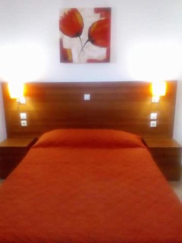 a bed with an orange bedspread and a painting on the wall at Potokia Rooms in Kakóvatos