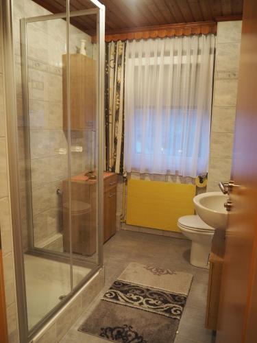 un bagno con doccia, WC e lavandino di Ferienwohnung-Nassfeld-Haus Umschaden a Tröpolach
