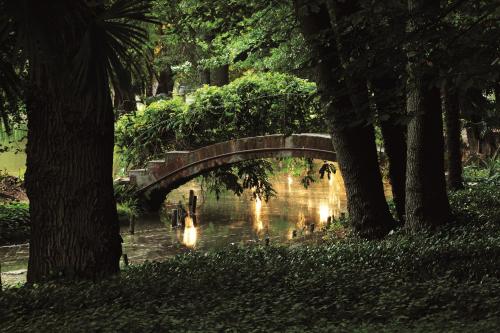 a bridge over a river in a park with trees at Hotel Casa Real - Viña Santa Rita in Santiago