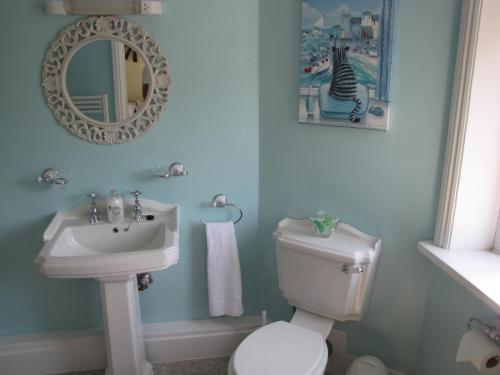 a bathroom with a sink and a toilet and a mirror at Ashmira Guest House in Weymouth