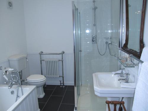 a bathroom with a shower and a toilet and a sink at The Townhouse in Perth