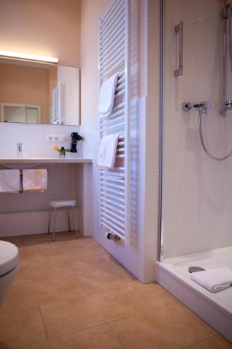 a bathroom with a shower and a toilet and a sink at Hotel Grünwald in Munich