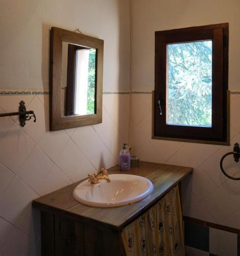 a bathroom with a sink and a window at La Colmena in Navalsaz