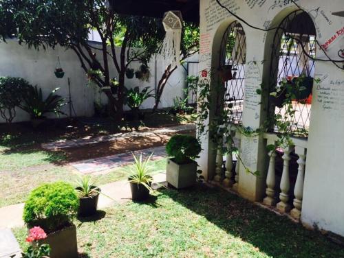 a garden with potted plants and a fence at Sanctuary Cove Guest House in Polonnaruwa