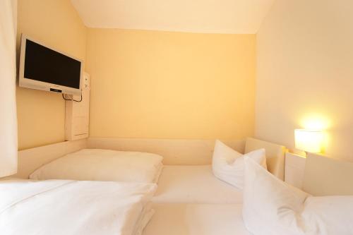 a room with two beds and a tv on the wall at "goethezimmer" - Mini-Ferienwohnungen in der Leibnizallee in Weimar