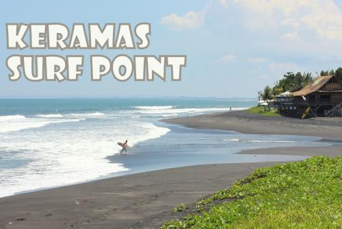 a person surfing on a beach with the words kerams surf point at Blue Coco in Keramas