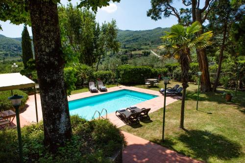 a swimming pool in a yard with chairs and a tree at Casa Vacanze Villa il Castellaccio in Lucolena in Chianti