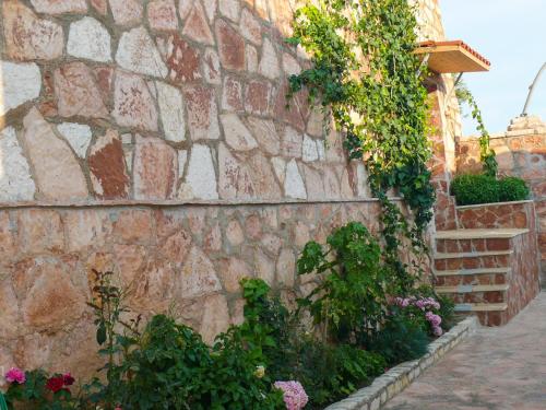 a stone wall with flowers and plants on it at Xuxi Apartments in Lukovë