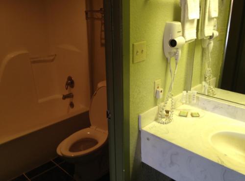 a bathroom with a toilet and a sink and a mirror at Budget Inn San Antonio Downtown I-10 East in San Antonio