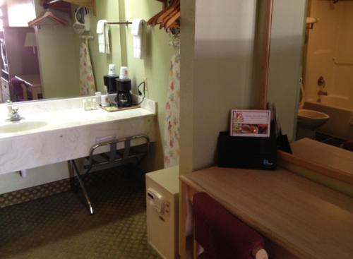 a bathroom with a sink and a mirror at Budget Inn San Antonio Downtown I-10 East in San Antonio
