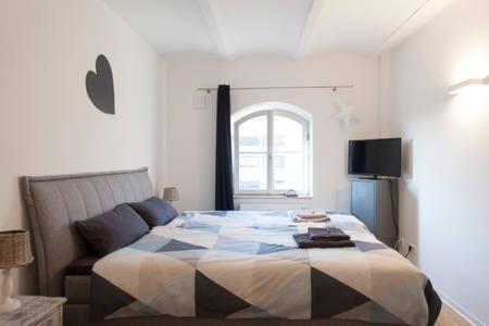 Un dormitorio con una cama grande y una ventana en Stadt-Apartment, en Núremberg