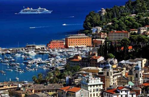 a view of a harbor with a cruise ship at Lovely House in Santa Margherita Ligure
