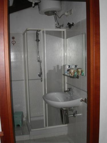 a bathroom with a sink and a shower at Locanda La Rosa in Pauli Arbarei