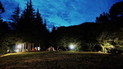 a night scene of a field with a tent and trees at Camping Grondola - FedericoFarm in Pontremoli