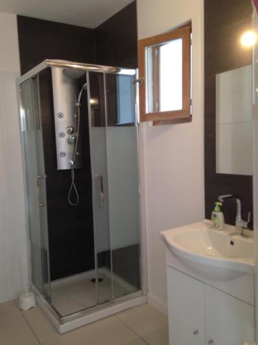 a shower with a glass door next to a sink at En camargue in Salin-de-Giraud