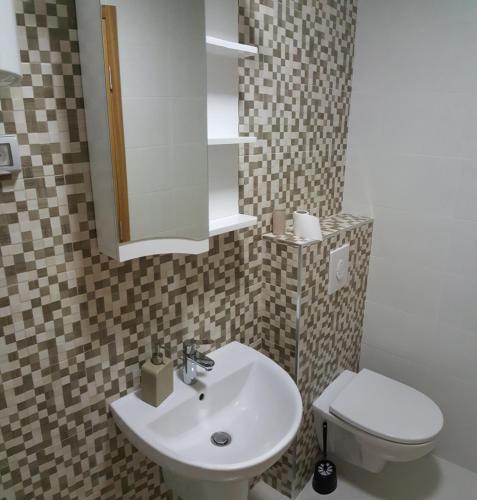 a bathroom with a sink and a toilet and a mirror at Zebra in Podgorica