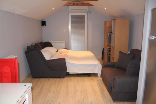 1 dormitorio con 1 cama, 2 sillas y sofá en Sofija apartmani en Arandjelovac