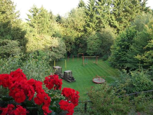a garden with a playground with red flowers and trees at Haus Hubertus in Winterspelt