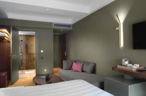 a room with a bed and a couch and a tv at Lake Spirit Boutique Hotel & Spa in Ioannina