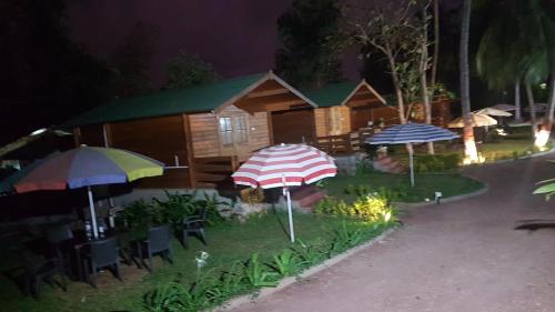 a miniature garden with umbrellas in front of a building at Casa de Kihim in Alibaug