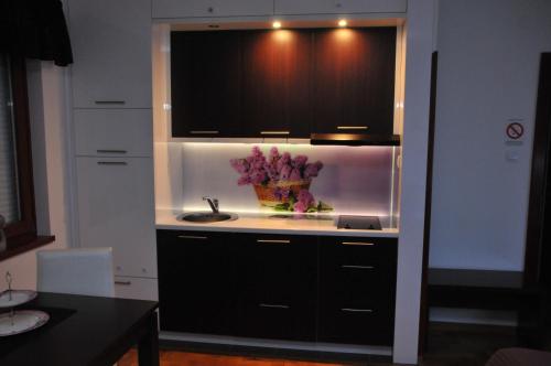 a kitchen with a sink and flowers in a tank at Apartments Biser in Vrnjačka Banja